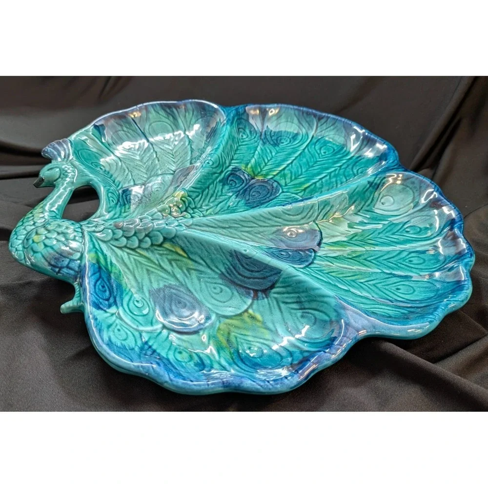VTG 1970's Enesco Peacock Ceramic Divided Serving Platter E-8275 Japan Pristine